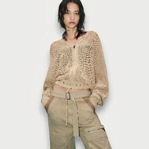 Zara S Tan Cropped Bomber Cardigan Zip Up Drawstring Knit Sweater Y2K Streetwear